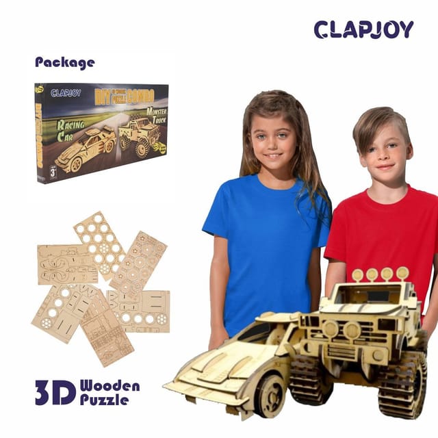 Clapjoy 3D Wooden Puzzle Monster Truck And Racing Car Combo For Kids Of Age 6 Years And Above