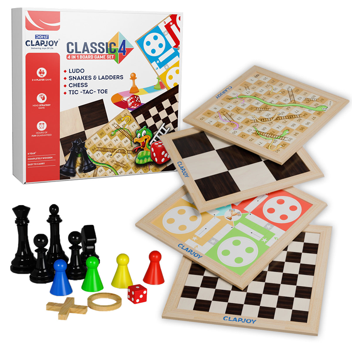 Clapjoy Wooden Ludo & Chess |Snake Ladder & Tic Tac Toe 4 In 1 Board Game For Kids & Adults