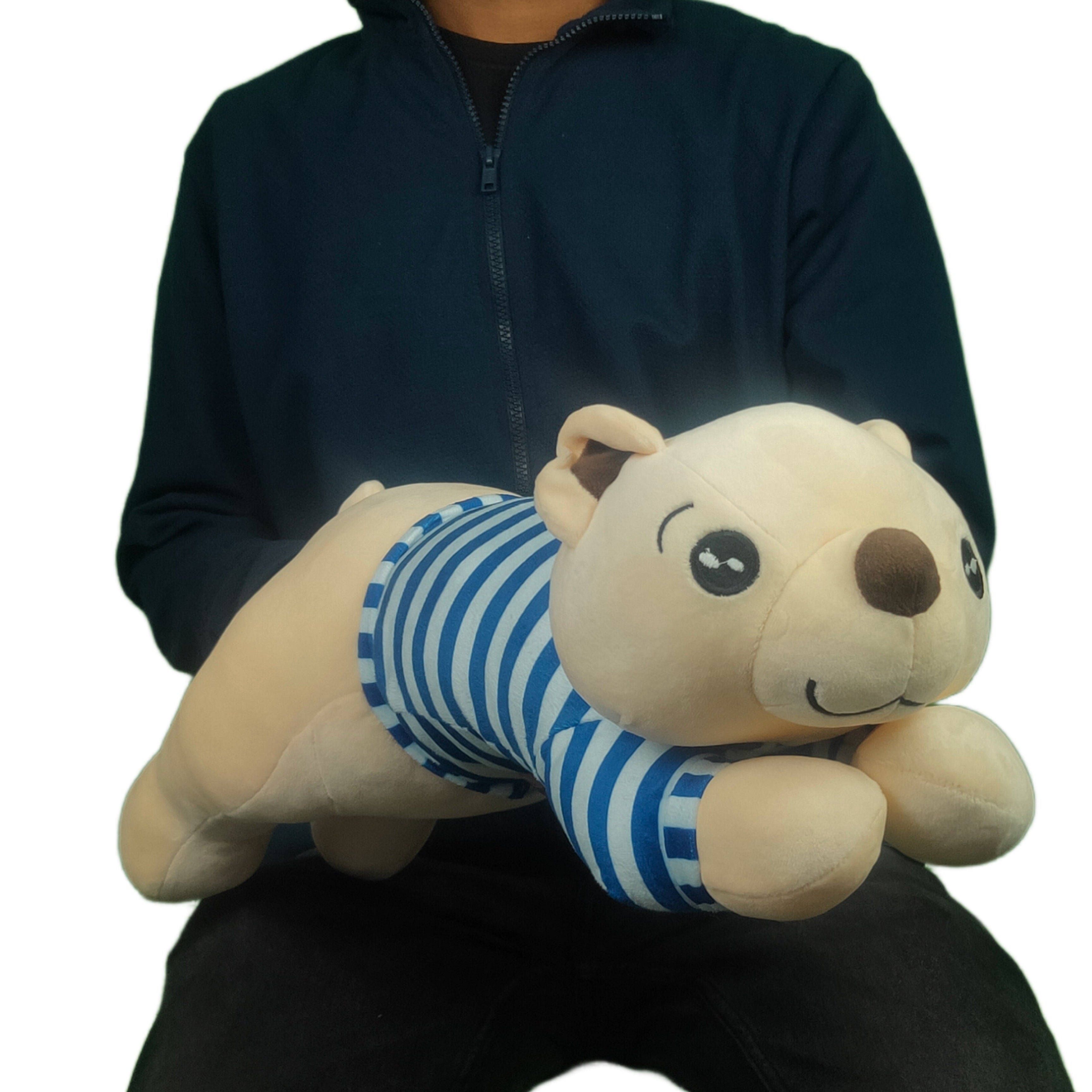 Play Hour Johny Bear Pillow Plush Soft Toy with Blue and White Stripes Cloth for Ages 3 Years and Up, 60cm