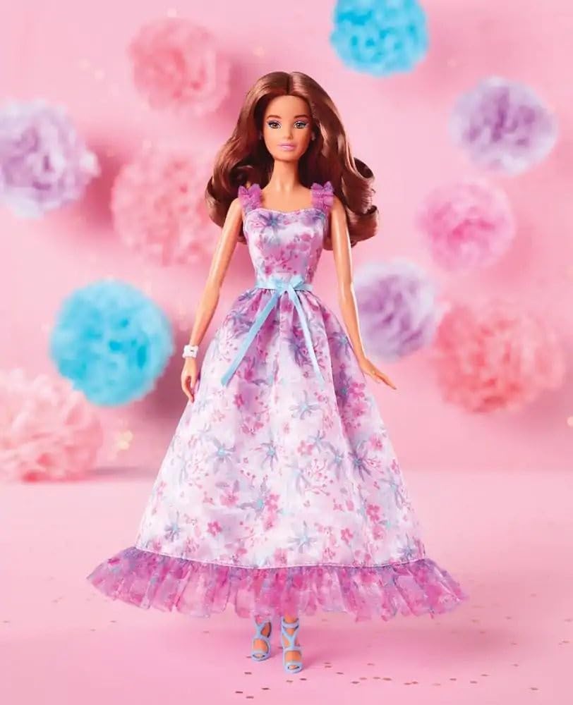 Barbie Signature Birthday Wishes Doll, Collectible in Satiny Lilac Dress with Wavy Brown Hair and Giftable Packaging