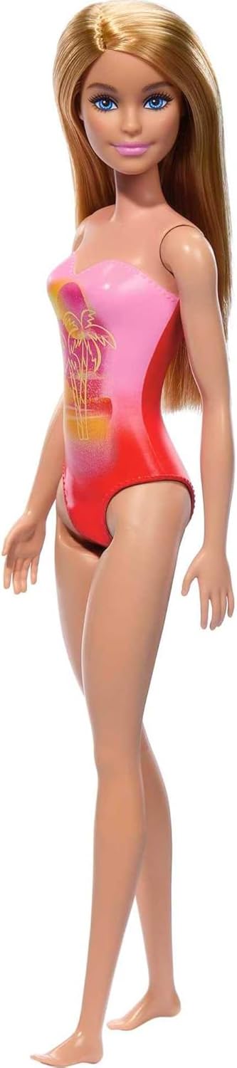 Barbie Beach Doll With Blond Hair Wearing Pink Palm Tree-Print Swimsuit For Kids Ages 3+