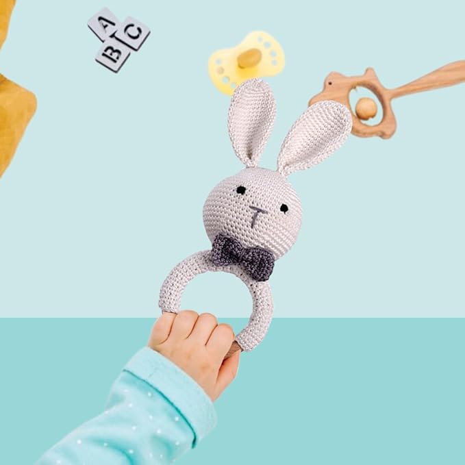 Clapjoy Baby Rattle 0-6 Months Montessori Sensory Toys For Babies, Handmade Crochet Bunny Ring Rattle Toy | Teething Toy |Toddler Play Toy Newborn Shower Gift For Infant Boys Girls 3 6 9 12 Months