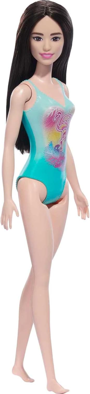 Barbie Beach Doll With Black Hair Wearing Tropical Blue Swimsuit For Kids Ages 3+