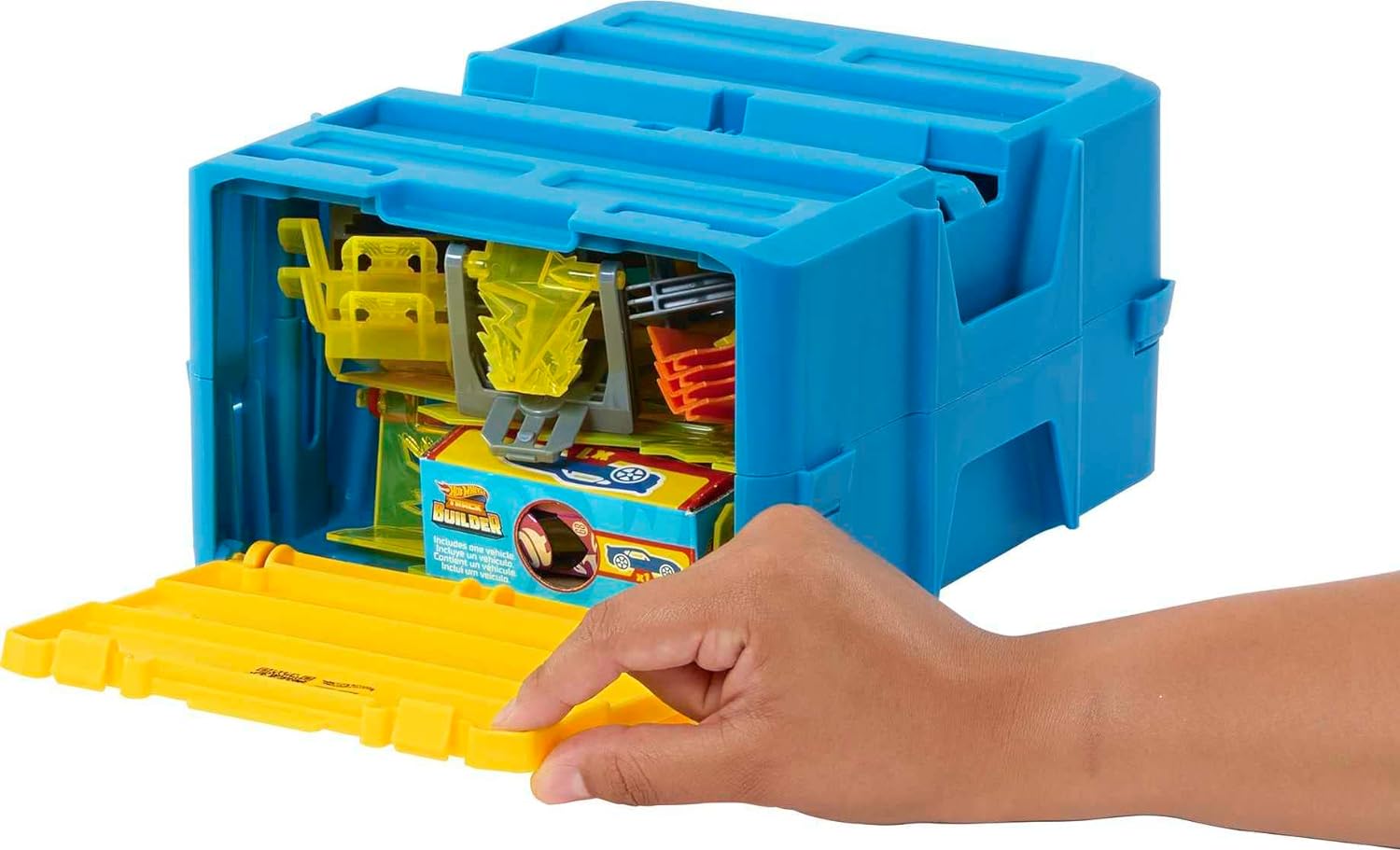 Hot Wheels Track Set with 1 Hot Wheels Car, 12 Track Boosting Components, Stackable Toy Storage Box, Lightning-Themed Track Builder Set