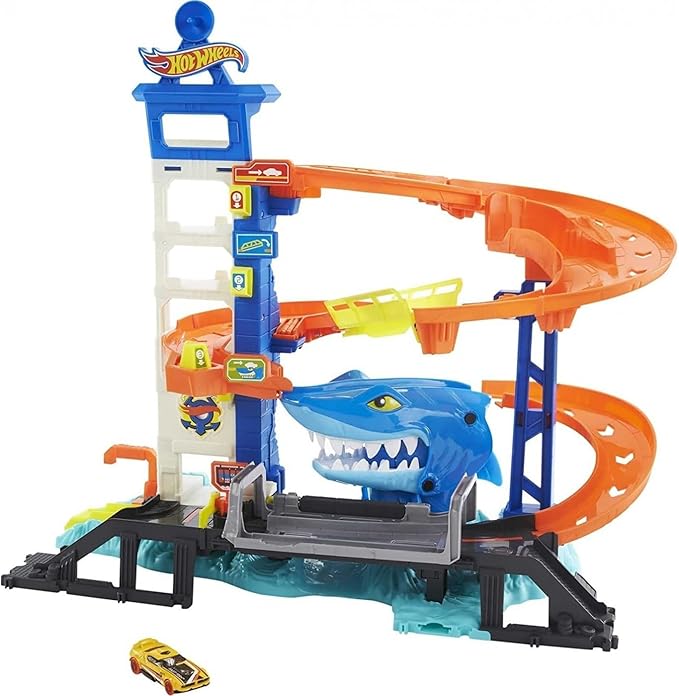 Hot Wheels Track Set And 1:64 Scale Toy Car, City Shark Escape, Multi-Level Playset For Kids Ages 4 and Up