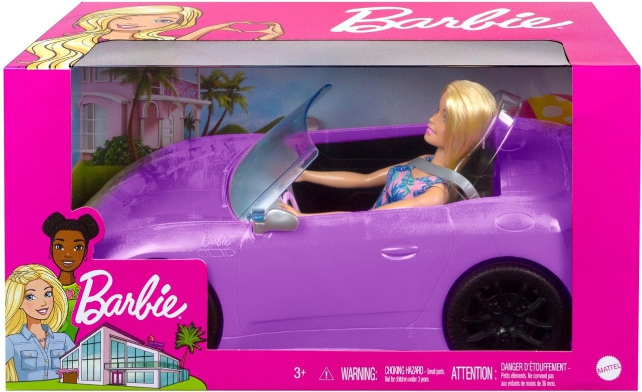Barbie 11.5 inch Blonde and 2-Seater Purple Convertible Car with Rolling Wheels Car For Ages 3+