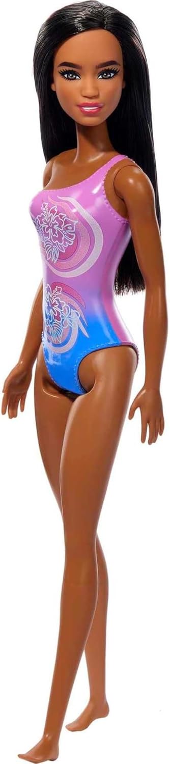 Barbie Beach Doll With Dark Brown Hair Wearing Tropical Purple Swimsuit For Kids Ages 3+