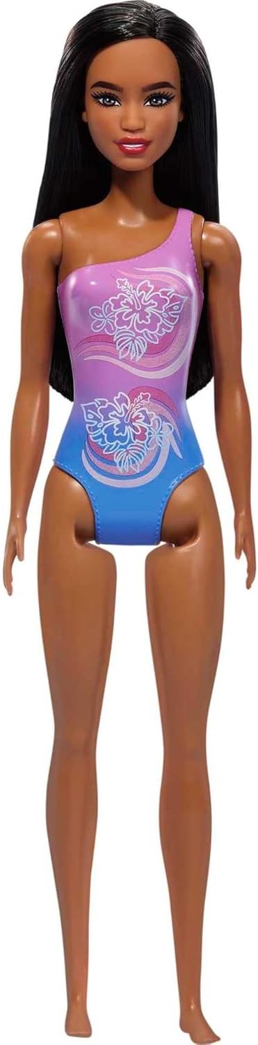 Barbie Beach Doll With Dark Brown Hair Wearing Tropical Purple Swimsuit For Kids Ages 3+