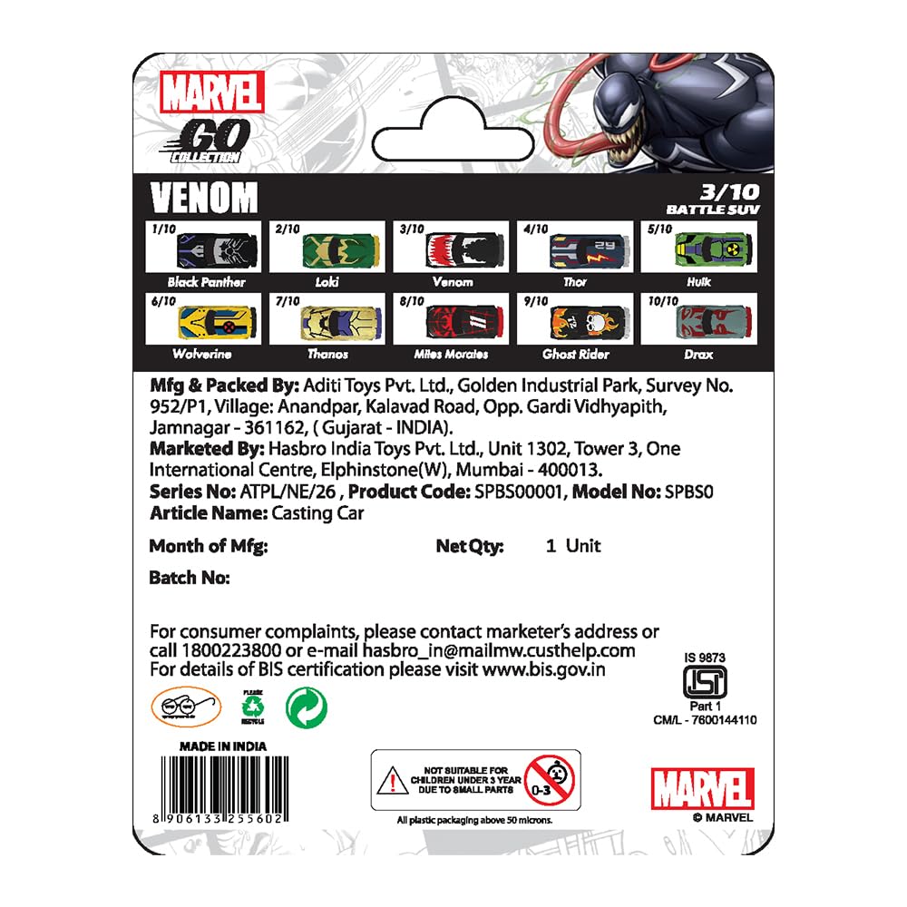 Marvel Go 1:64 Diecast Venom Battle SUV Toy Car for Collection for Ages 3 years and up