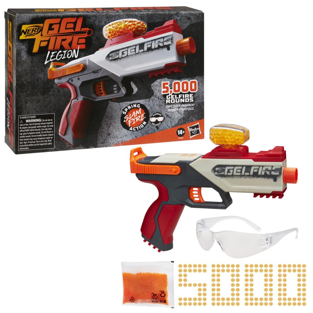 Nerf Pro Gelfire Legion Spring Action Blaster, 5000 Gelfire Rounds, 130 Round Hopper, Protective Eyewear, Slam Fire, Ages 14+