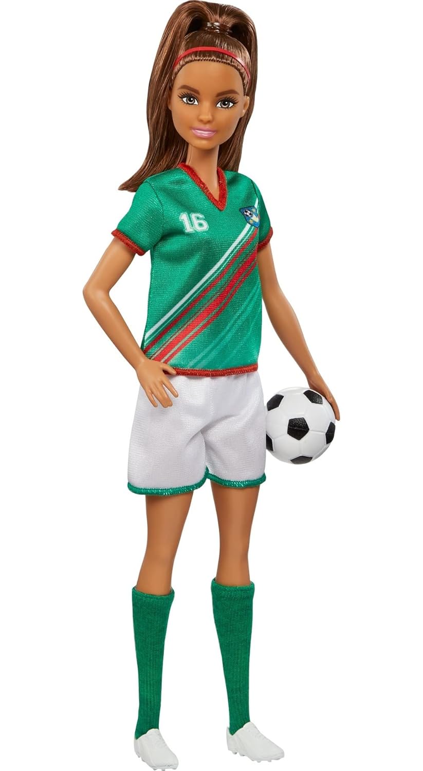 Barbie Soccer Doll, Brunette Ponytail, Colorful 16 Uniform, Soccer Ball, Cleats, Tall Socks, Great Sports for Ages 3+