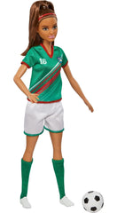 Barbie Soccer Doll, Brunette Ponytail, Colorful 16 Uniform, Soccer Ball, Cleats, Tall Socks, Great Sports for Ages 3+