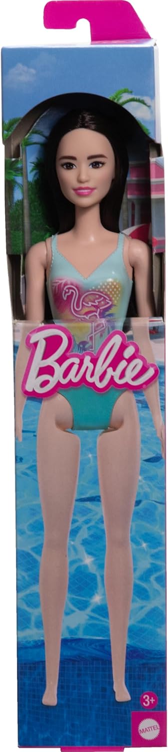 Barbie Beach Doll With Black Hair Wearing Tropical Blue Swimsuit For Kids Ages 3+