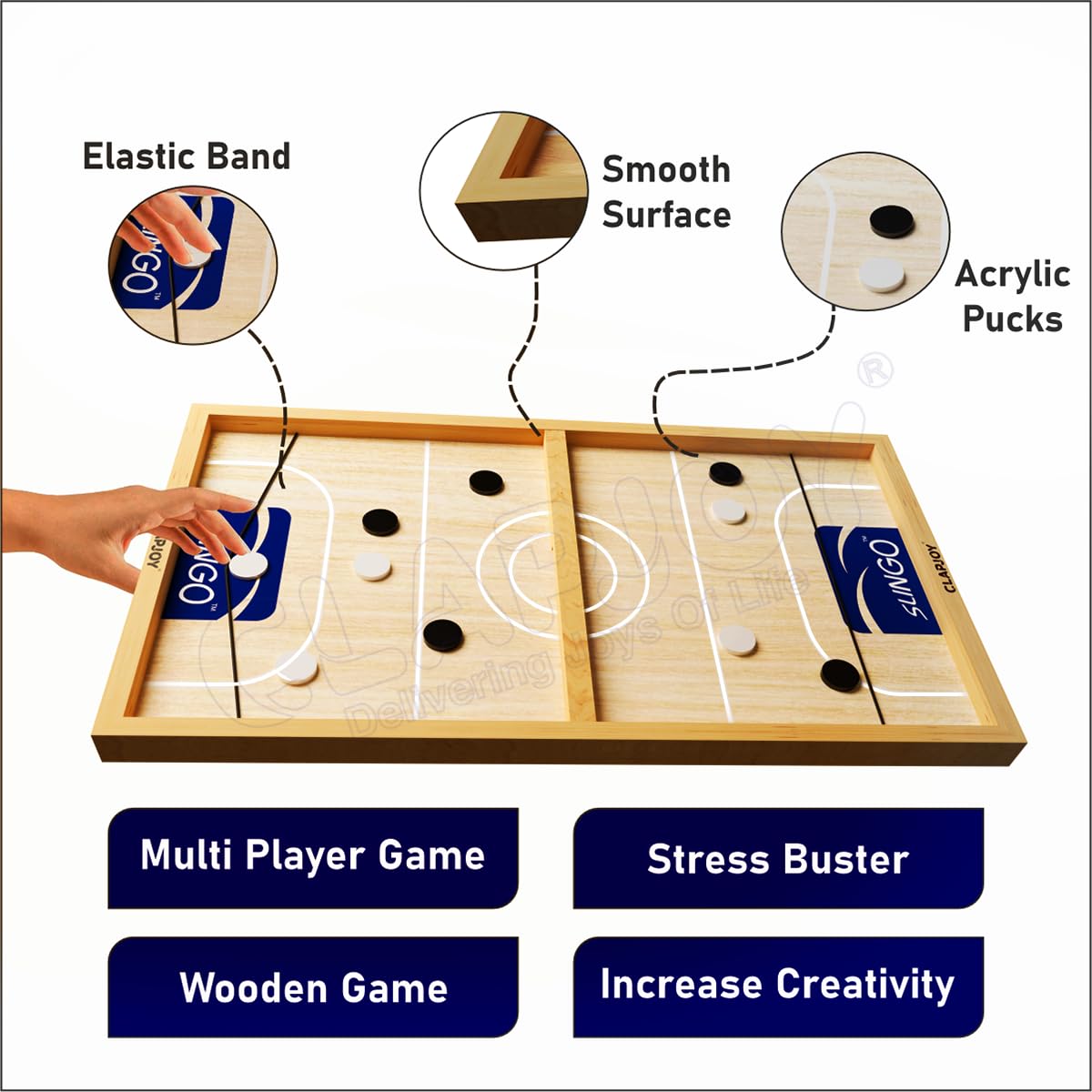 Clapjoy Slingo Fastest Finger First Board Game For Adults & Kids Wooden String Hockey Game Sling Puck Board Hockey Toy Perfect For Family Entertainment, Birthday Party, Christmas Gift