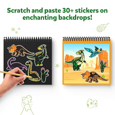 Skillmatics Magical Scratch Art Book for Kids - Dinosaurs, Craft Kits & Supplies, DIY Activity & Stickers, Gifts for Toddlers, Girls & Boys Ages 3, 4, 5, 6, 7, 8, Travel Toys