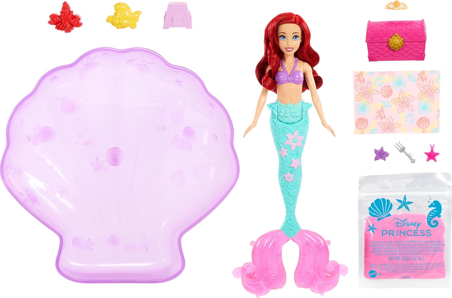 Disney Princess Ariel Mermaid Doll & Pool Set with Moldable Sand, 3 Sand Molds, Beach Towel & 5 Accessories for Kids Ages 3+