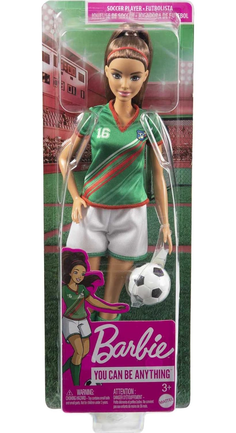 Barbie Soccer Doll, Brunette Ponytail, Colorful 16 Uniform, Soccer Ball, Cleats, Tall Socks, Great Sports for Ages 3+