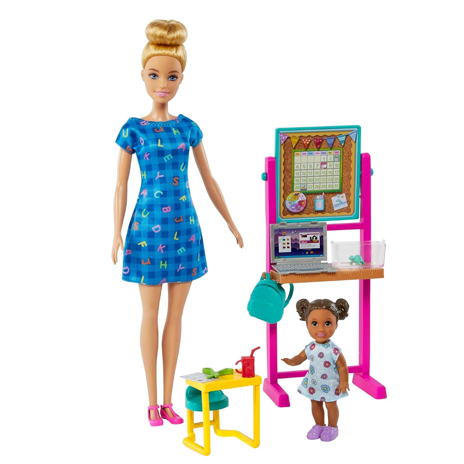 Barbie Blonde Hair Teacher Doll with Toddler Doll, Flip Board, Laptop, Backpack, Toddler Desk, Pet Turtle, Great Gift for Ages 3 Years Old & Up