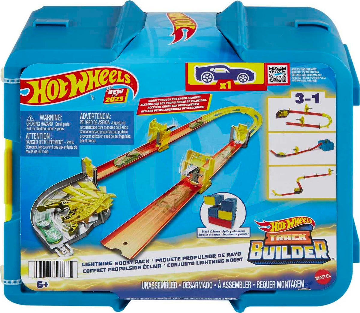 Hot Wheels Track Set with 1 Hot Wheels Car, 12 Track Boosting Components, Stackable Toy Storage Box, Lightning-Themed Track Builder Set