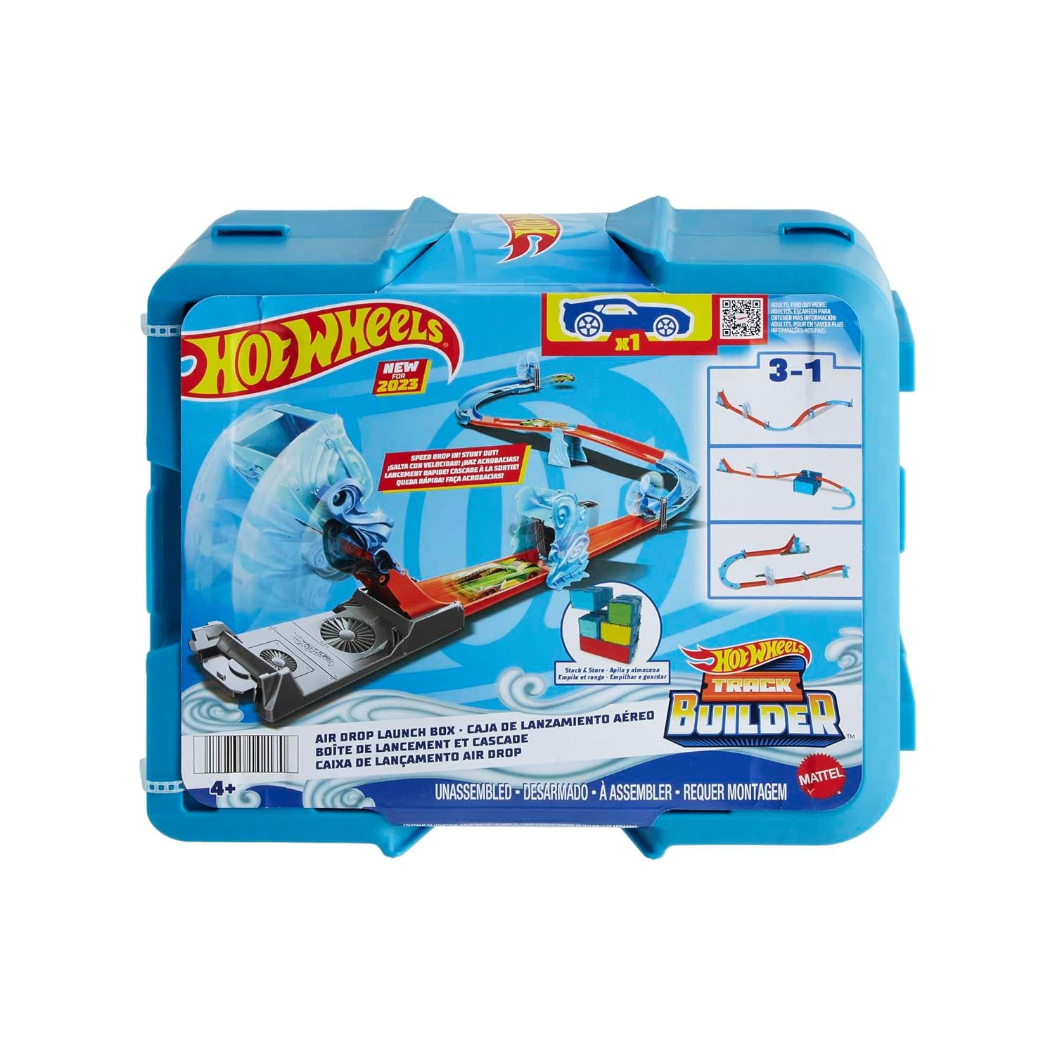 Hot Wheels Track Set, Blue Deluxe Track Builder Pack with Wind-Themed Accessories in Stackable Toy Storage Box with 1 Hot Wheels Car