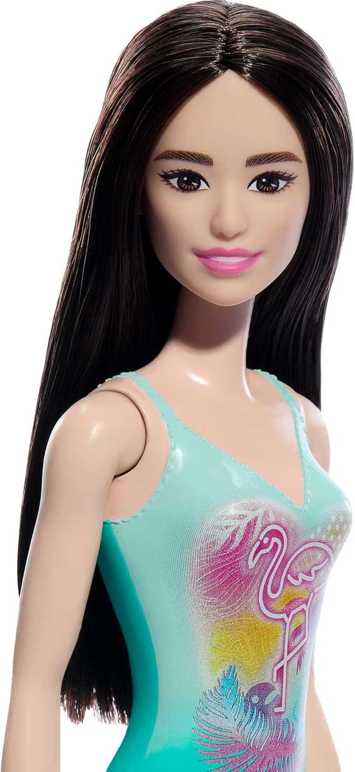 Barbie Beach Doll With Black Hair Wearing Tropical Blue Swimsuit For Kids Ages 3+