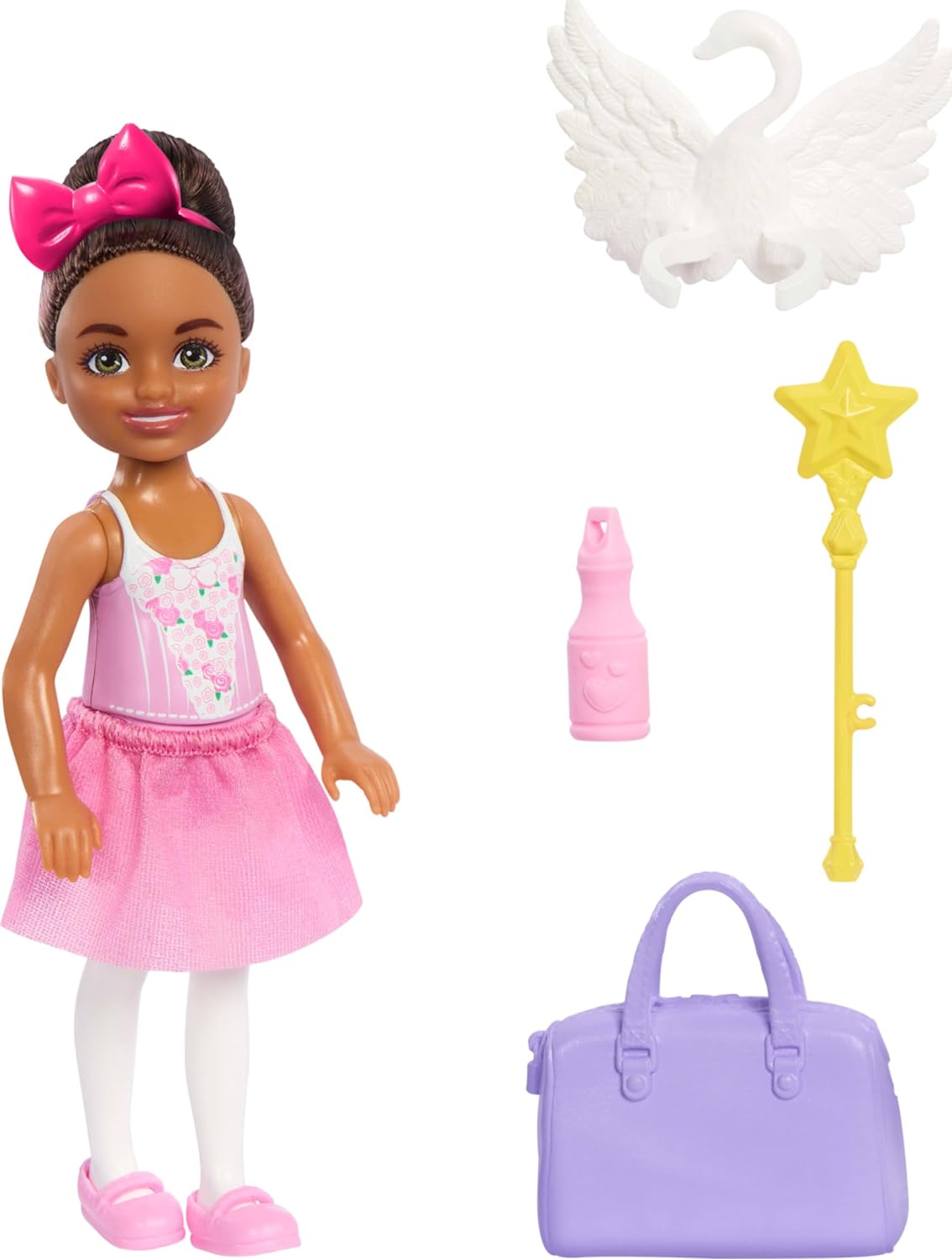 Barbie Toys, Chelsea Doll & Accessories Ballerina Set, Career Brunette Small Doll with 5 Dance-Themed Pieces Including Swan Wings