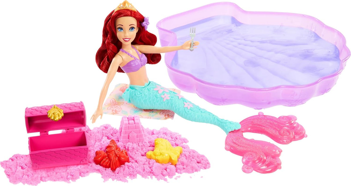 Disney Princess Ariel Mermaid Doll & Pool Set with Moldable Sand, 3 Sand Molds, Beach Towel & 5 Accessories for Kids Ages 3+