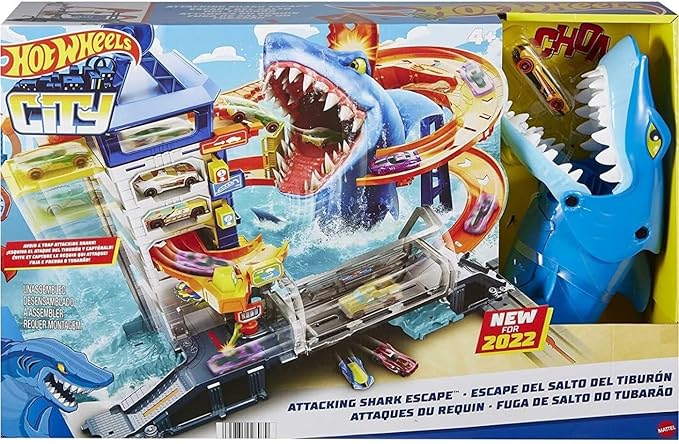 Hot Wheels Track Set And 1:64 Scale Toy Car, City Shark Escape, Multi-Level Playset For Kids Ages 4 and Up