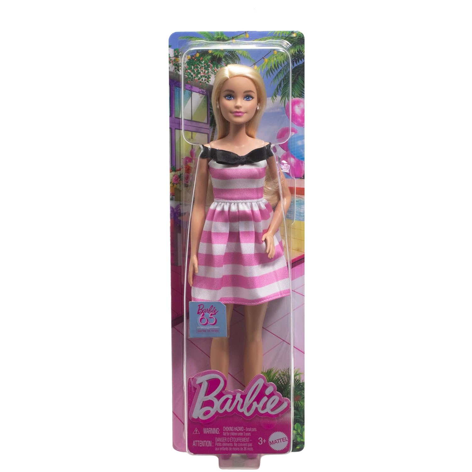 Barbie 65th Anniversary Commemorative Doll with Blonde Hair, Pink and White Striped Dress with Matching Heels