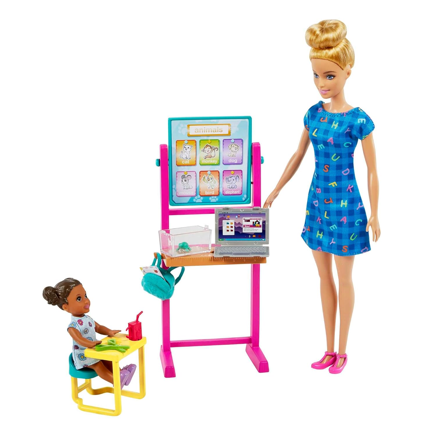 Barbie Blonde Hair Teacher Doll with Toddler Doll, Flip Board, Laptop, Backpack, Toddler Desk, Pet Turtle, Great Gift for Ages 3 Years Old & Up