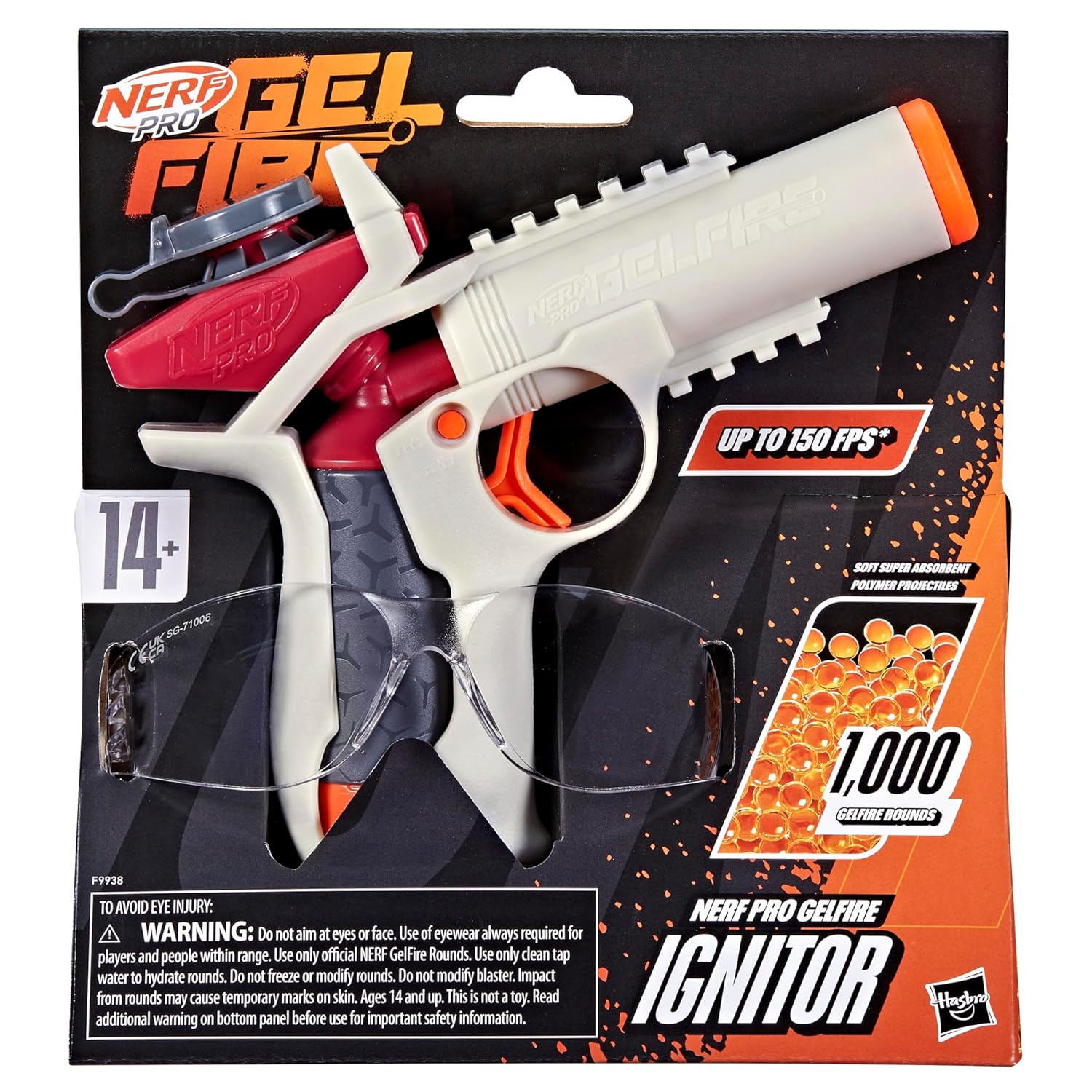 Nerf Pro Gelfire Ignitor Blaster, 1000 Gelfire Rounds, 60 Round Capacity, T-Pull Priming, Up to 150 FPS, Eyewear, Gifts for Teens Ages 14+