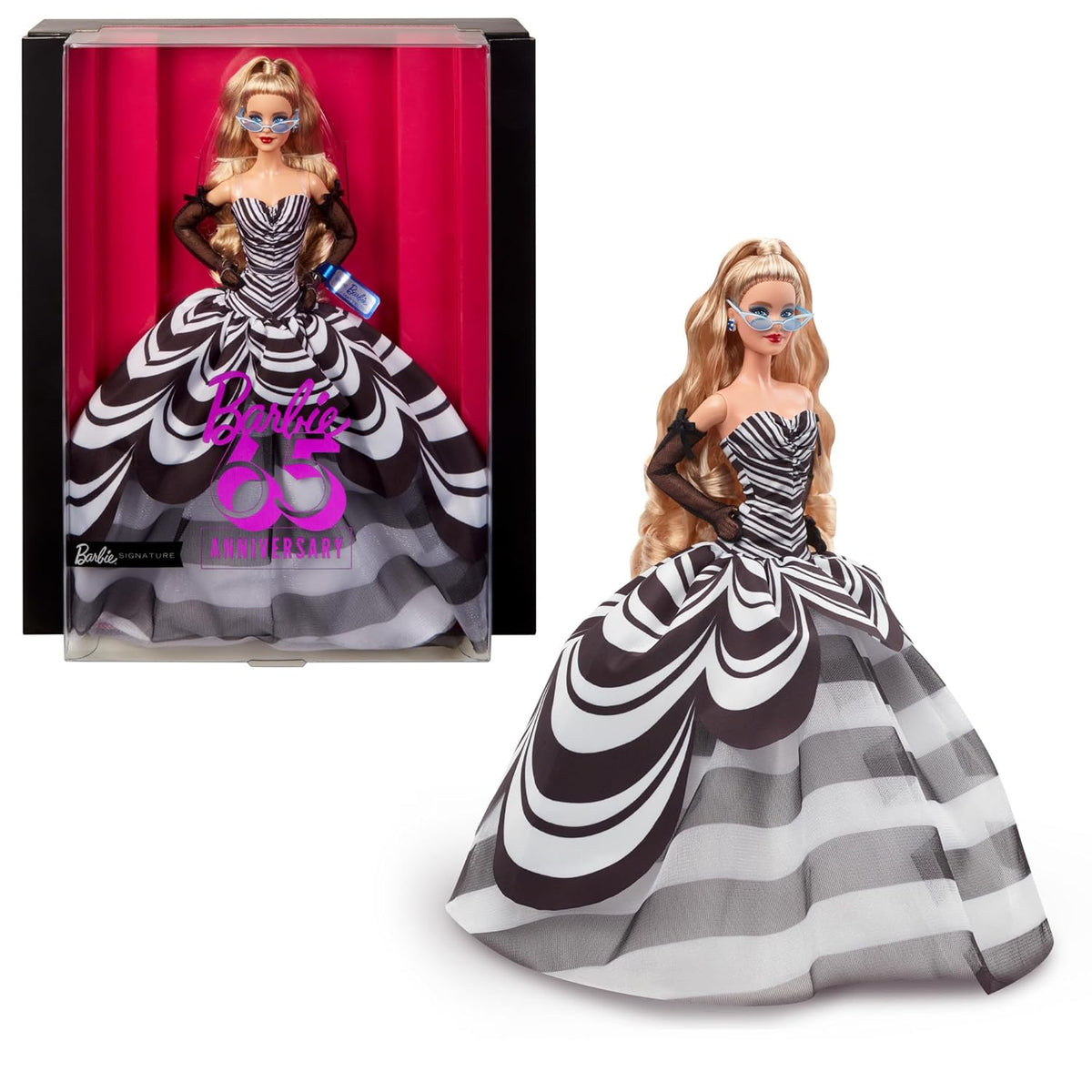 Barbie 65th Anniversary Signature Doll Collectible with Blonde Hair, Black and White Gown, Sapphire Gem Earrings and Sunglasses for Kids Ages 5+