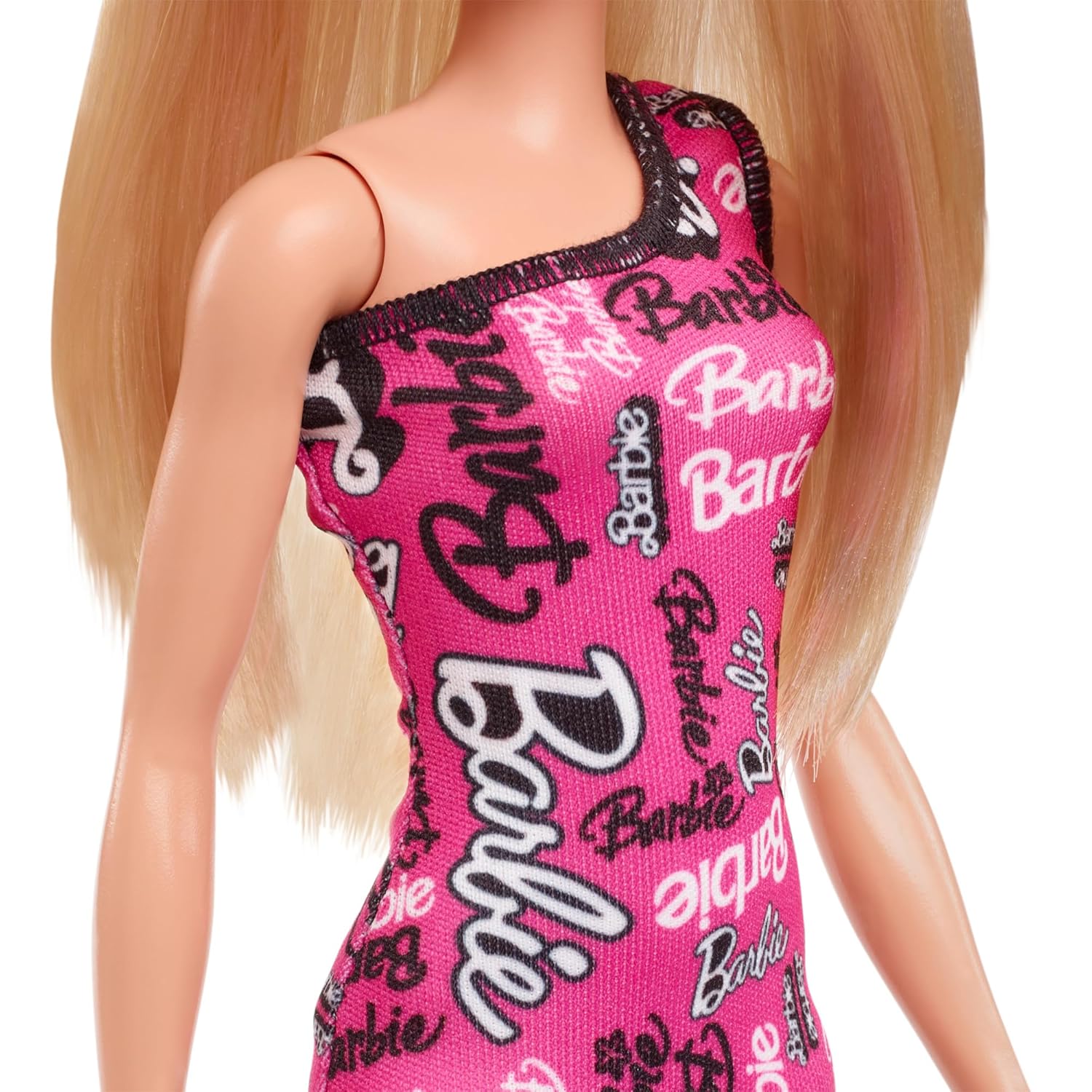 Barbie Fashion Doll With Straight Blonde Hair Wearing Removable Pink Dress & Shoes With Logo Print