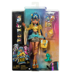 Monster High Cleo De Nile Doll In Golden Blouse And Layered Skirt, Includes Pet Cobra Hissette And Accessories Like A Backpack, Snack And Scroll