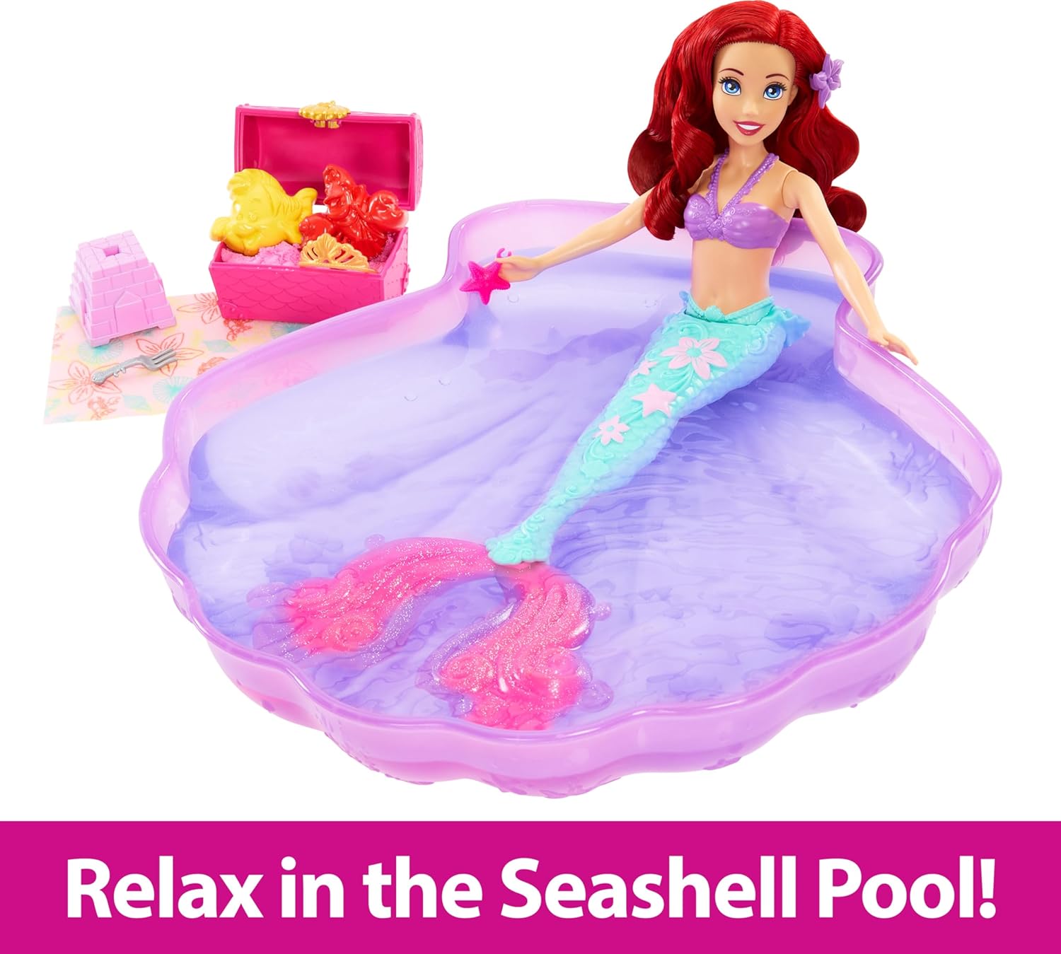 Disney Princess Ariel Mermaid Doll & Pool Set with Moldable Sand, 3 Sand Molds, Beach Towel & 5 Accessories for Kids Ages 3+