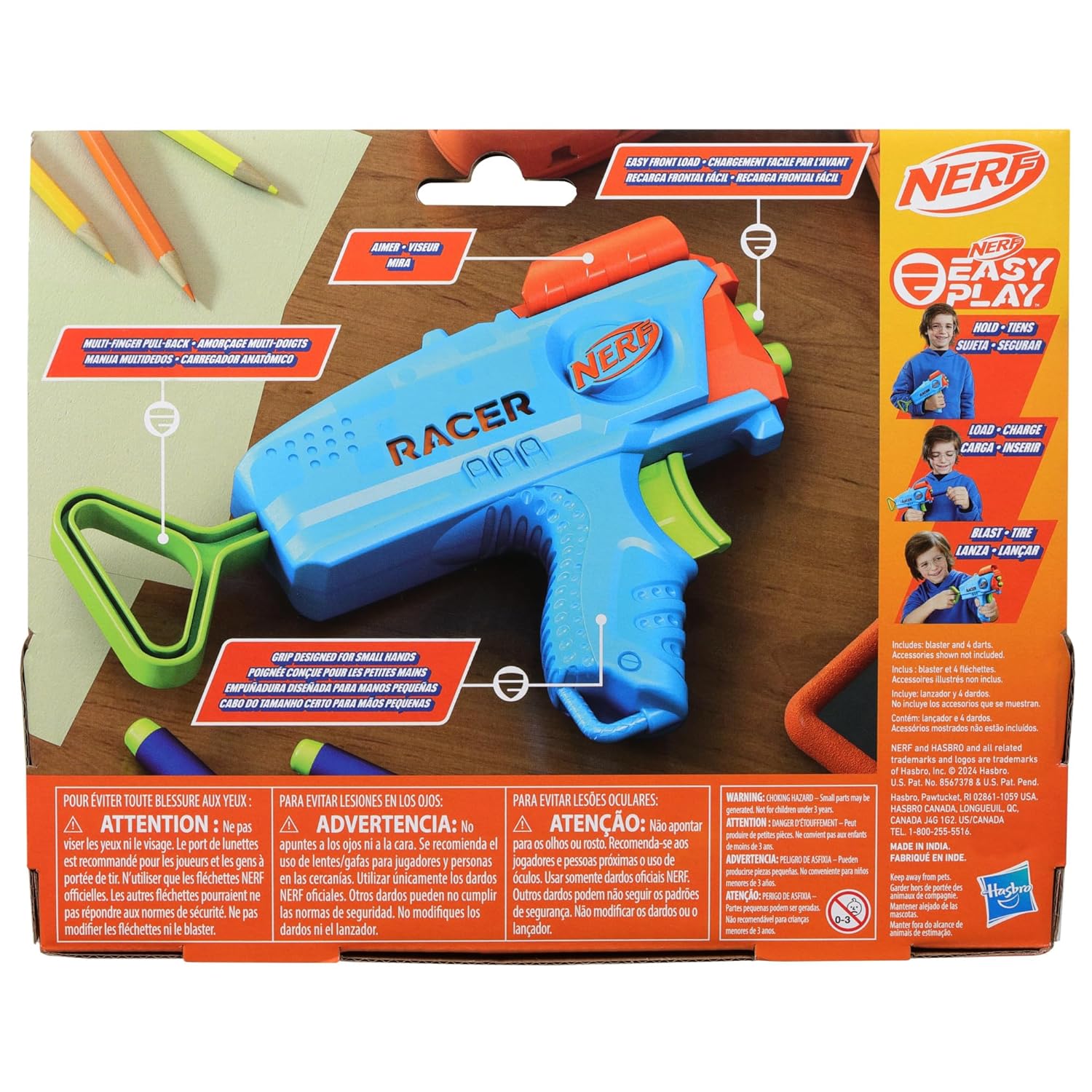 Nerf Elite Junior Racer Easy Play Dart Blaster, 4 Nerf Elite Darts, Nerf Blaster Outdoor Toys for 6 Year Old Boys & Girls