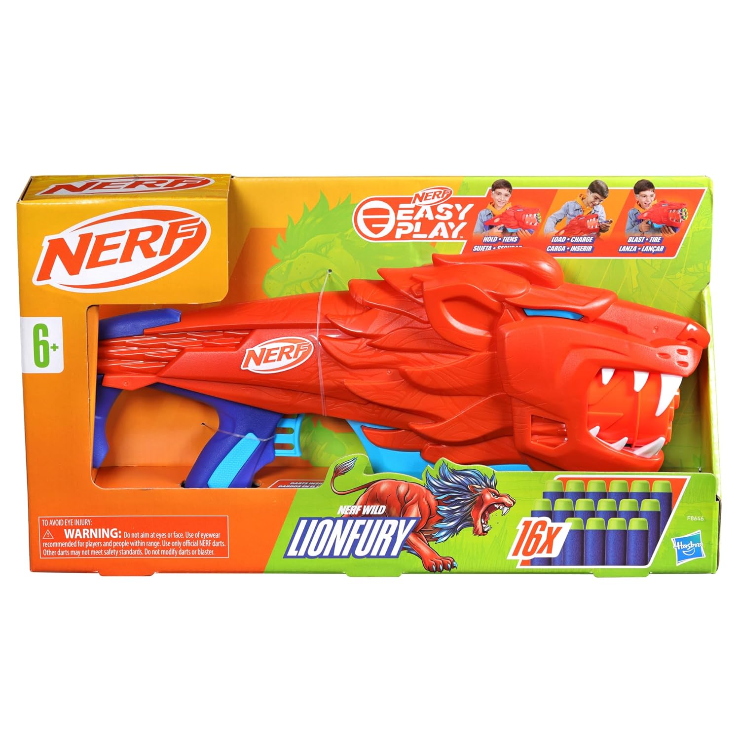 Nerf Junior Wild Lionfury, Easy Play Dart Blaster, 16 Nerf Elite Darts, Nerf Blaster Lion Toys for 6 Year Old Boys & Girls, Outdoor Toys