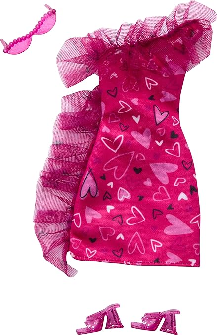 Barbie Doll Clothing, Fashion Pack With Ruffled Pink Heart Dress & Accessories