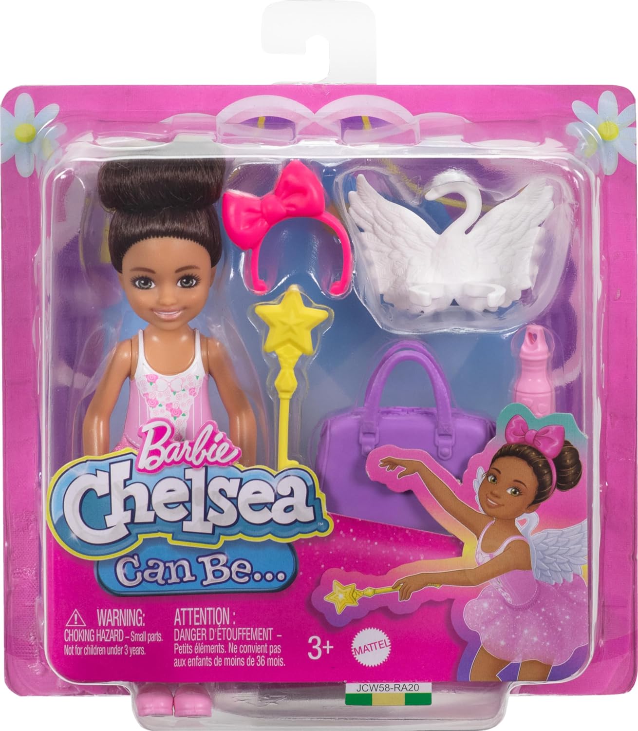 Barbie Toys, Chelsea Doll & Accessories Ballerina Set, Career Brunette Small Doll with 5 Dance-Themed Pieces Including Swan Wings