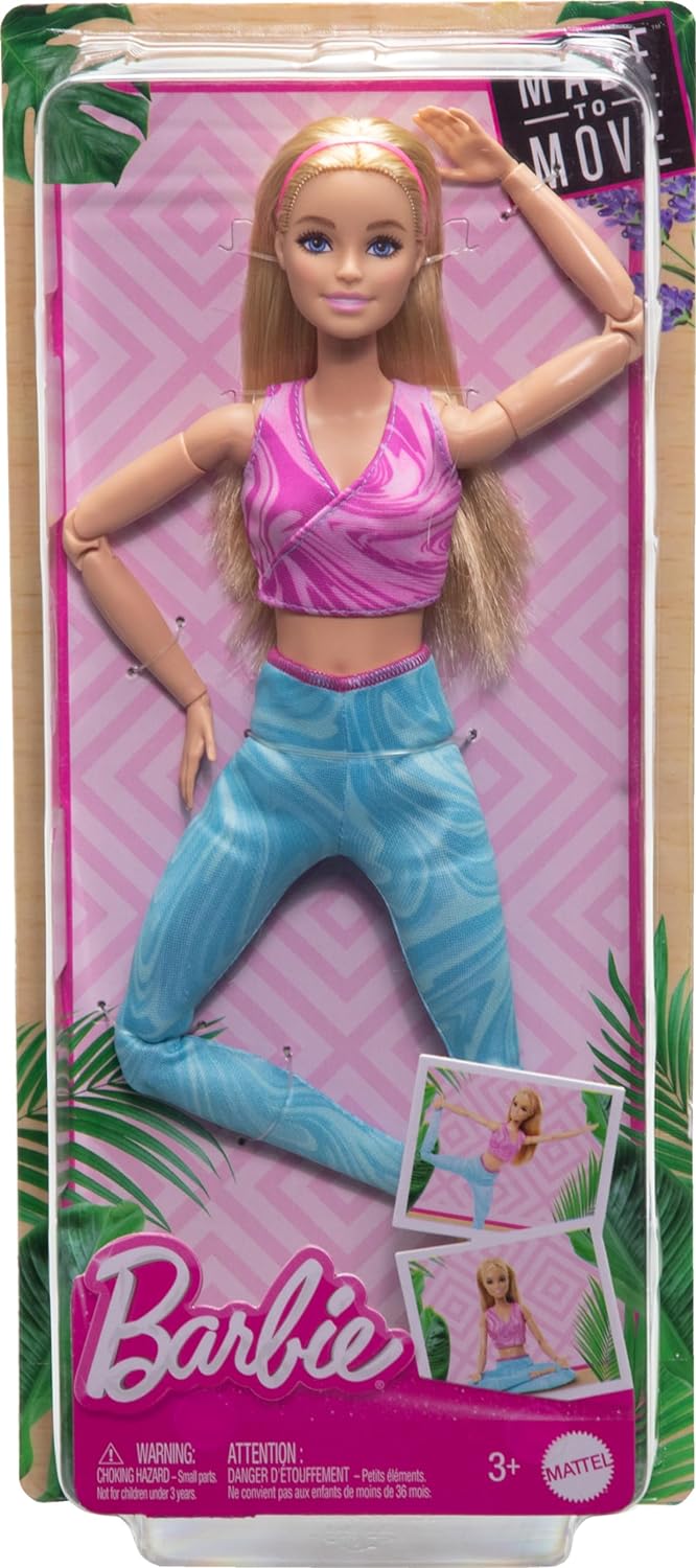 Barbie Made to Move Fashion Doll with Blonde Hair Wearing Removable Pink Sports Top & Blue Yoga Pants, 22 Bendable Joints