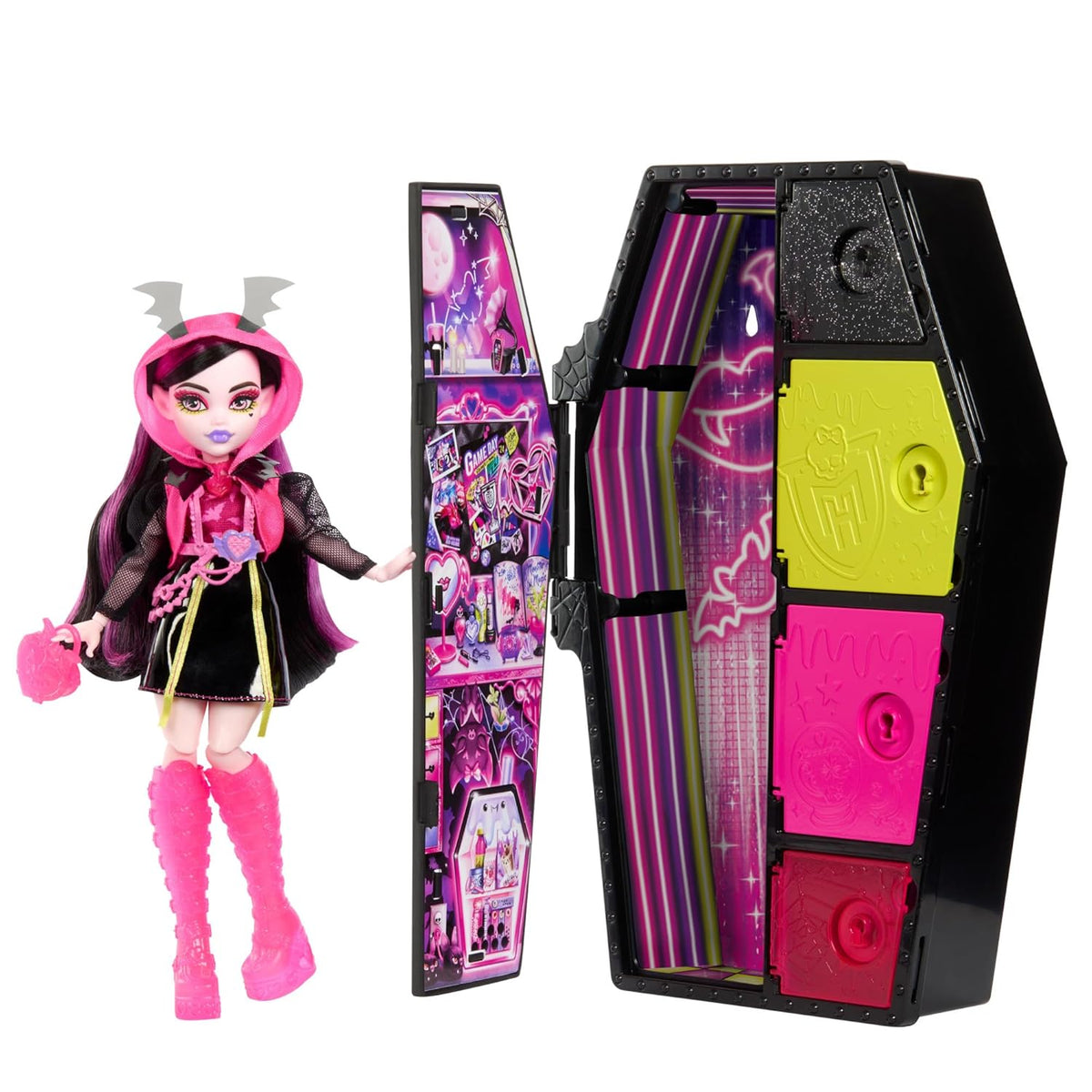 Monster High Draculaura Doll and Fashion Set, Skulltimate Secrets Neon Frights, Dress-Up Locker with 19+ Surprises for Kids Ages 5+