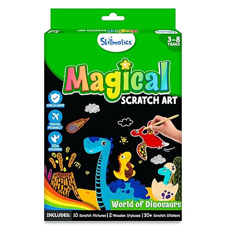 Skillmatics Magical Scratch Art Book for Kids - Dinosaurs, Craft Kits & Supplies, DIY Activity & Stickers, Gifts for Toddlers, Girls & Boys Ages 3, 4, 5, 6, 7, 8, Travel Toys