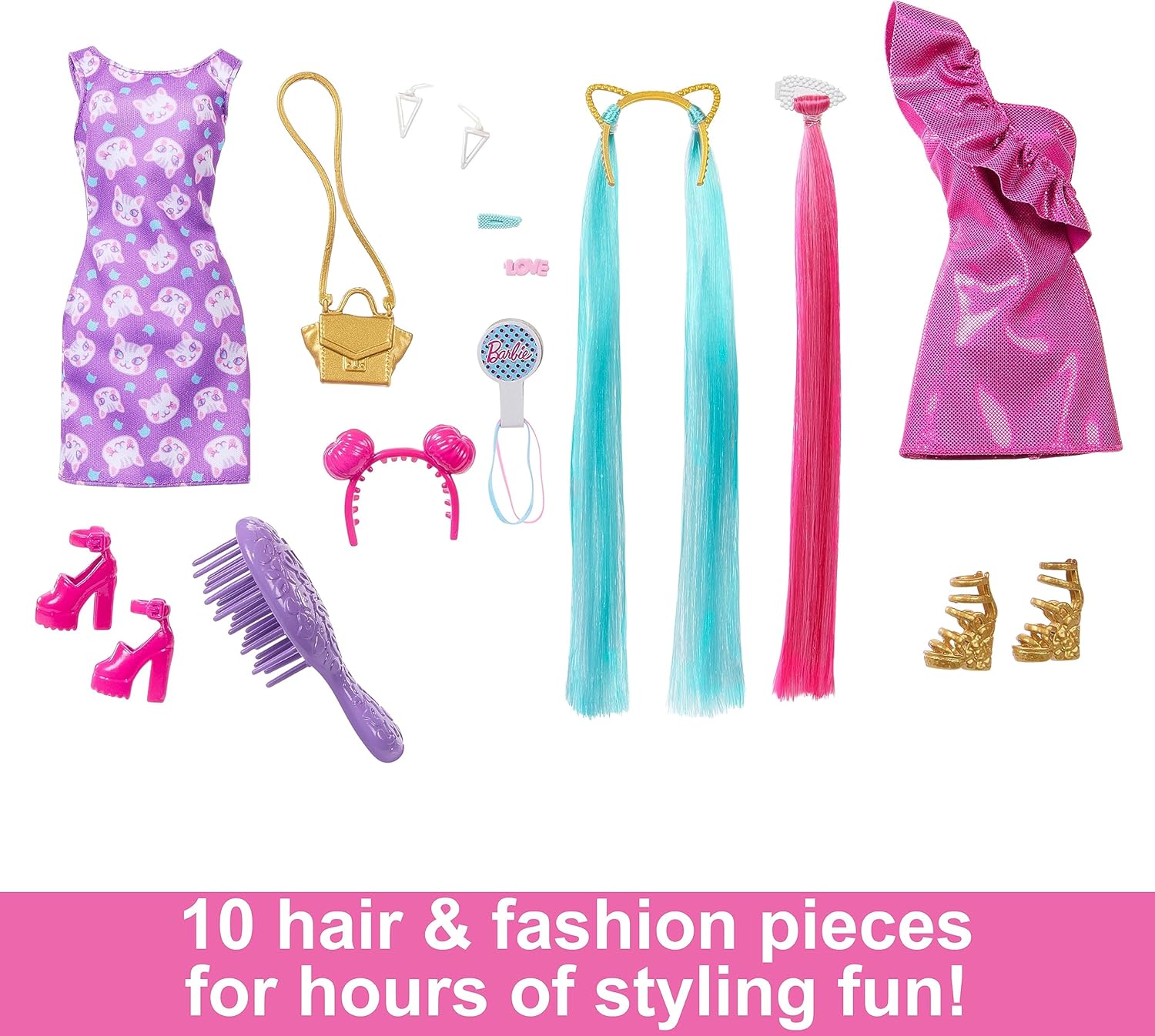 Barbie Fun & Fancy Hair with Extra-Long Colorful Blonde Hair and Glossy Pink Dress Doll, 10 Hair and Fashion Play Accessories