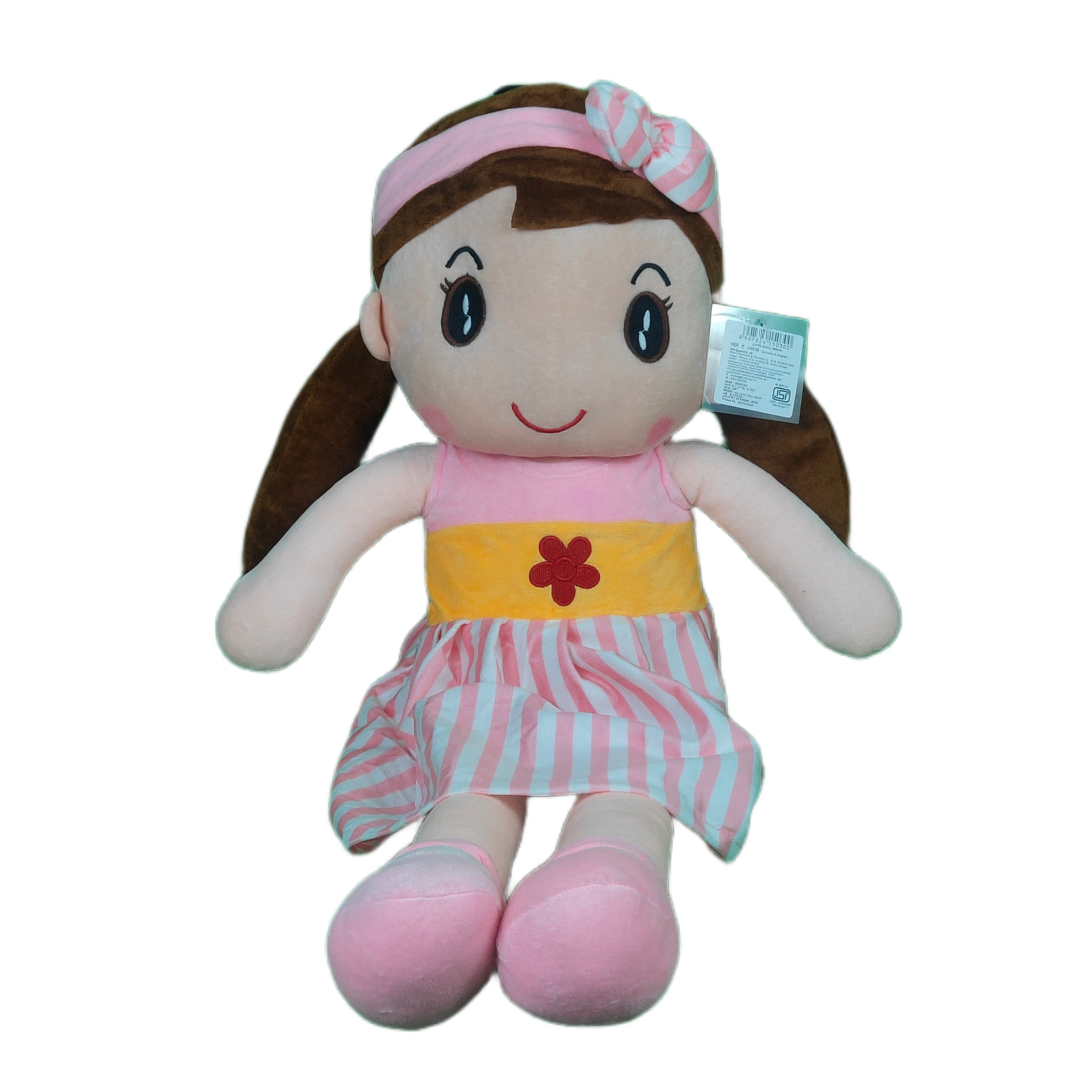 Play Hour Cute Rag Doll Plush Soft Toy Wearing Pink & White Stripes Frock for Ages 3 Years and Up, 80cm