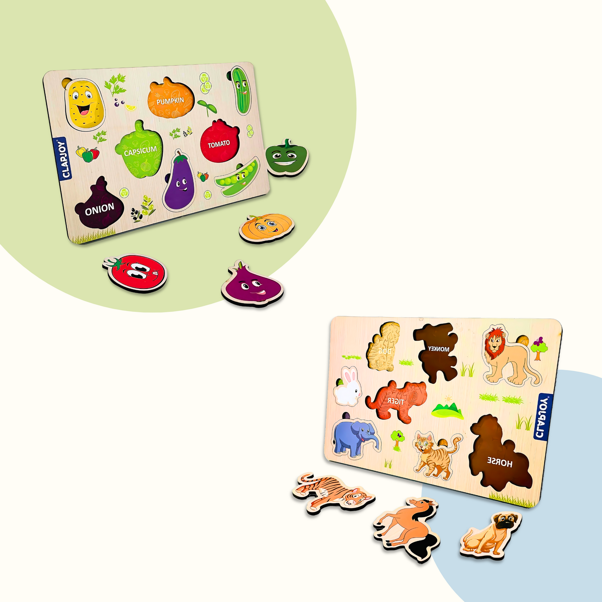 Clapjoy Wooden Learning Educational Board For Kids, Puzzle Toys For 2 Years Old Boys & Girls (Vegetable & Animal)