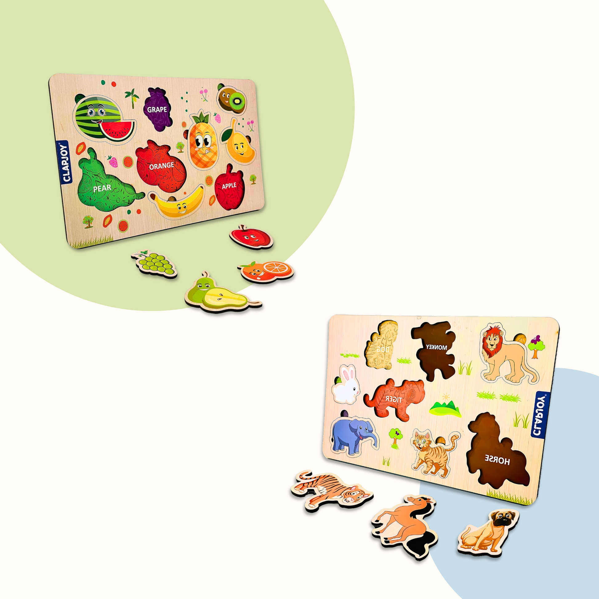 Clapjoy Wooden Learning Educational Board For Kids, Puzzle Toys For 2 Years Old Boys & Girls (Vegetable & Animal)