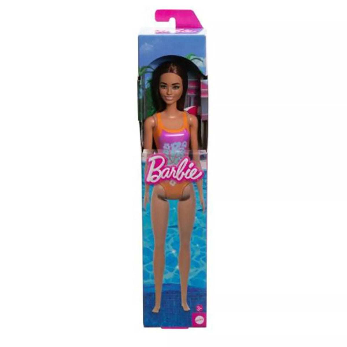 Barbie Beach Doll With Light Brown Hair Wearing Tropical Pink And Orange Swimsuit For Kids Ages 3+