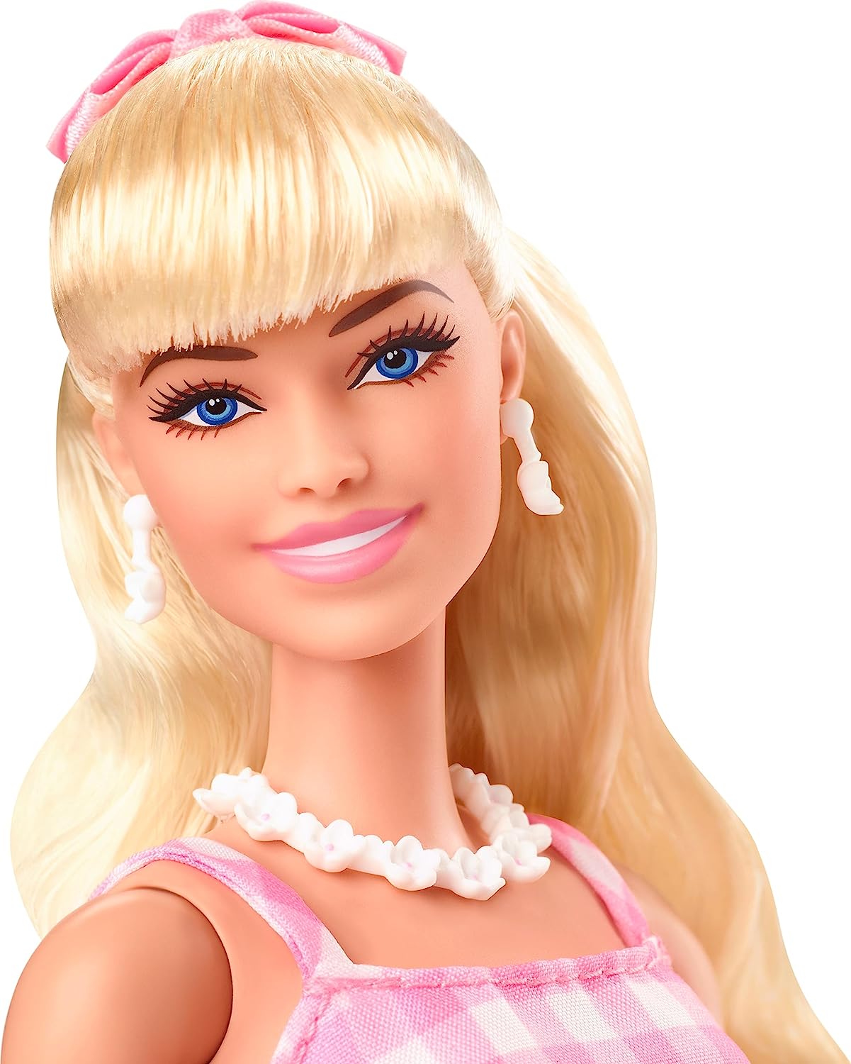 Barbie The Movie Doll Wearing Pink and White Gingham Dress with Daisy Chain Necklace for Ages 3 Years and Up