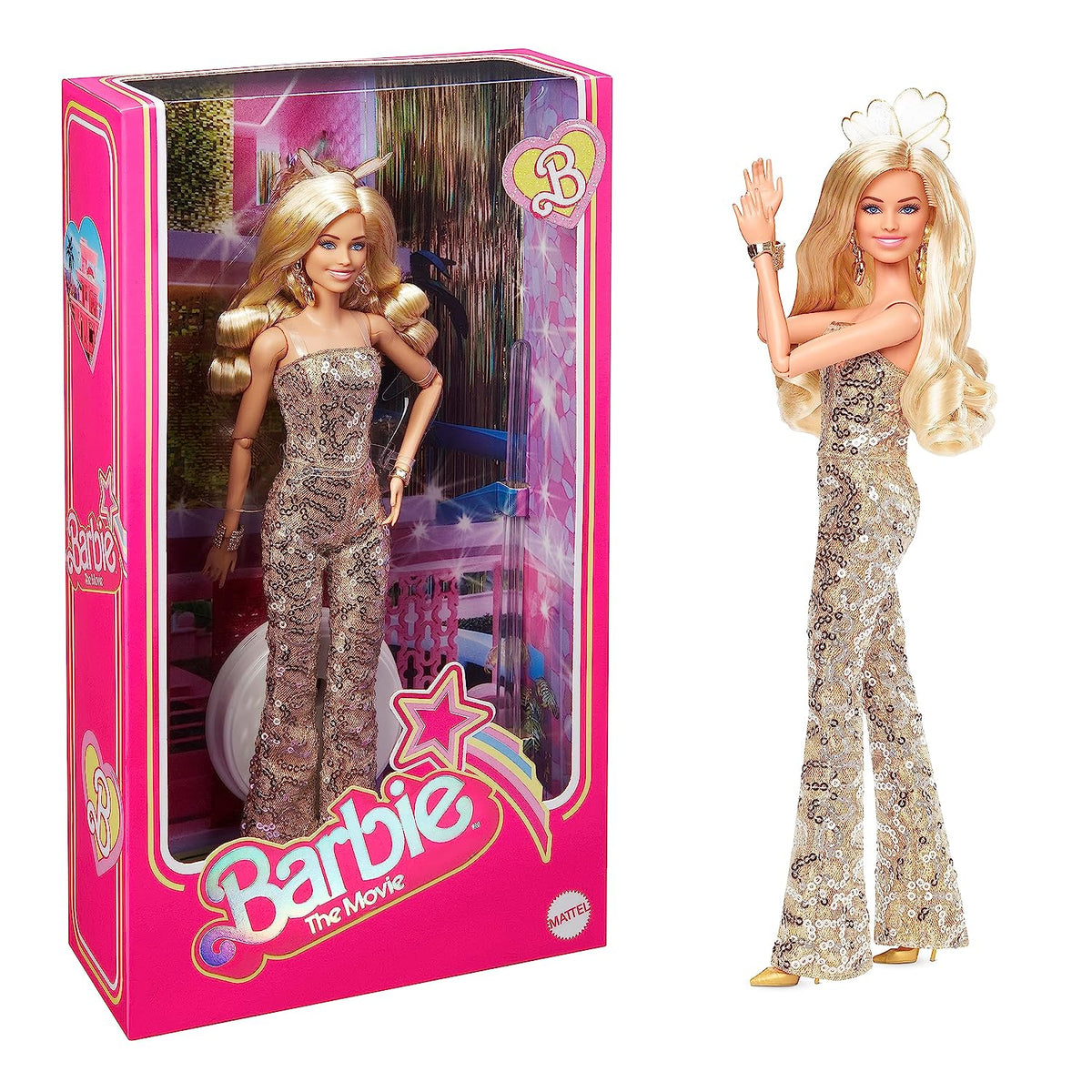 Barbie The Movie Margot Robbie Doll Wearing Gold Disco Jumpsuit with Glossy Curls and Golden Heels for Ages 3 Years and Up