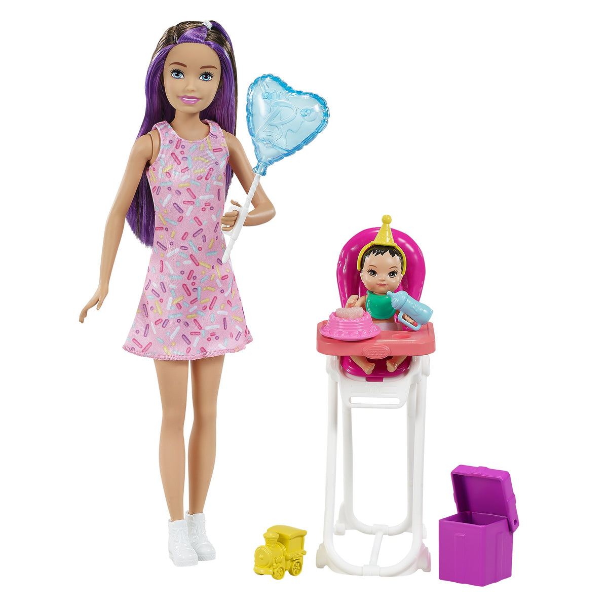 Barbie Skipper Babysitters Playset with Skipper Doll, Color-Change Baby Doll, High Chair & Party-Themed Accessories for Kids Ages 3 Years & Up